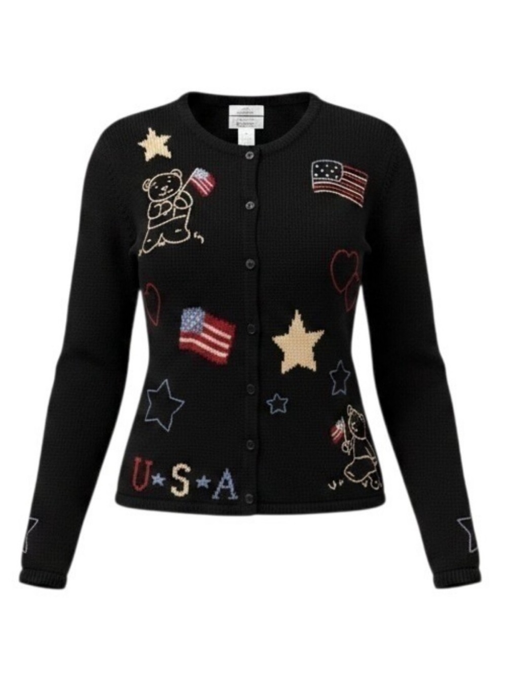 Christopher & Banks Black Embroidered Usa Teddy Bear Cardigan
